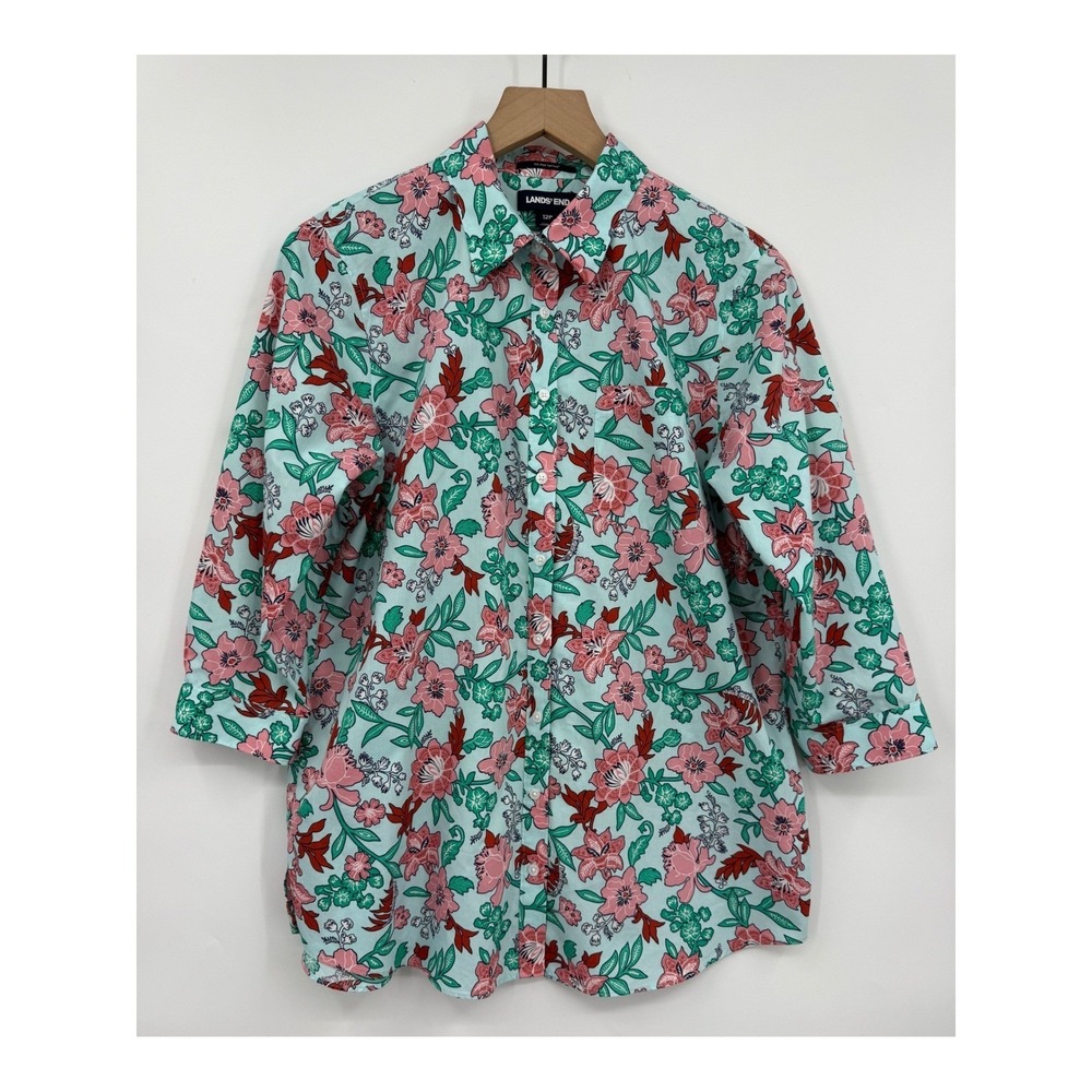 Lands End Shirt Womens 12 Petite Blue Floral No Iron Cotton Button 3/4 Sleeve